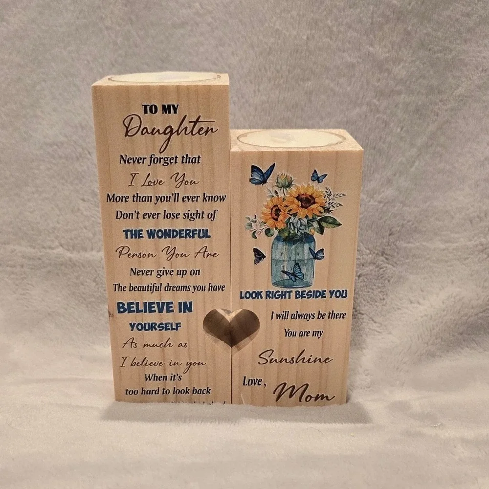 To My Daughter Wooden Candle Holder Set Heart Shaped Love Mom Sunflower Gift